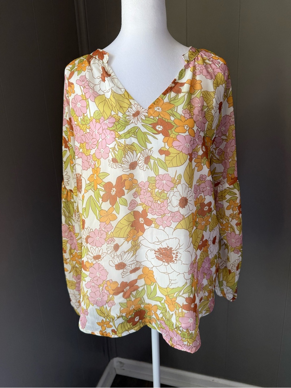 Floral V-Neck Lightweight Blouse in Pink, Orange & Green